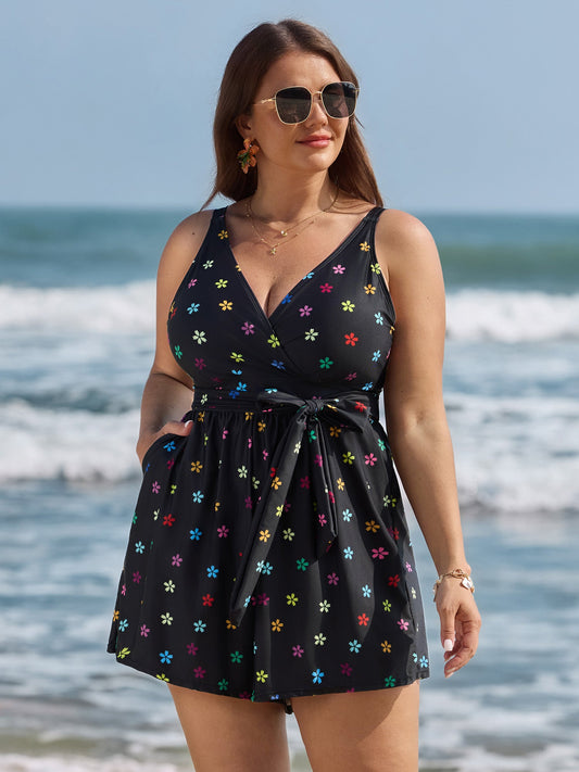 Floral Non-Removable Belt One-Piece Swimsuit