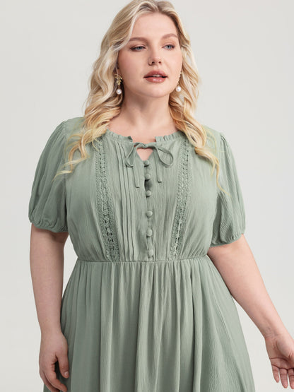Lace Trim Drawstring Neckline Plain Midi Dress
