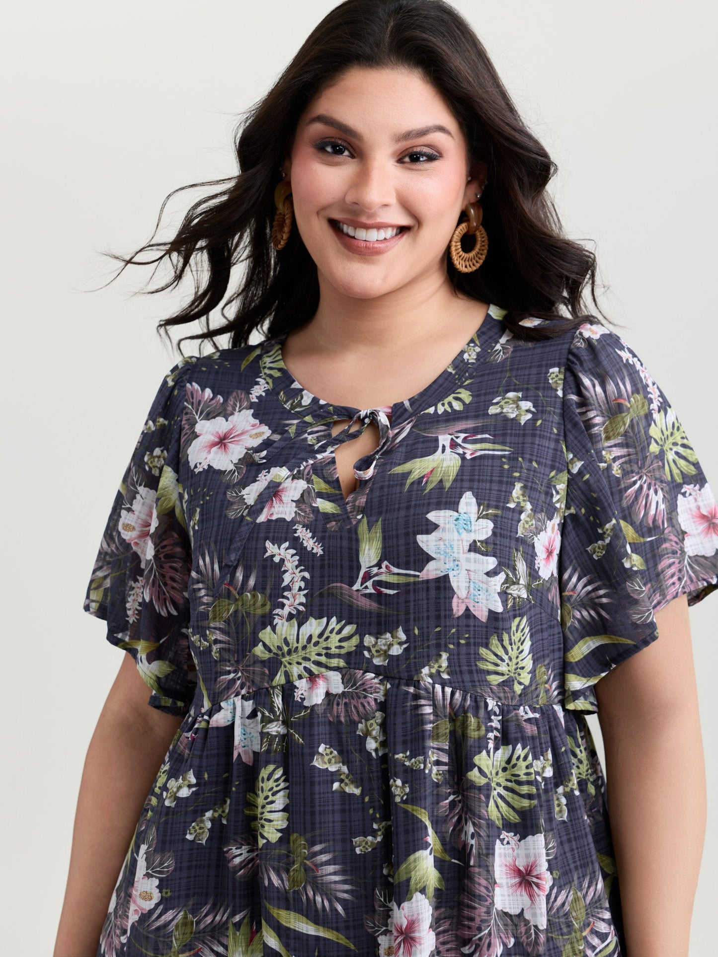Floral Print Drawstring Split Neckline Blouse