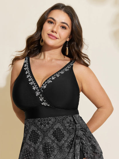 Geometric Print Embroidered Neckline Swim Dress