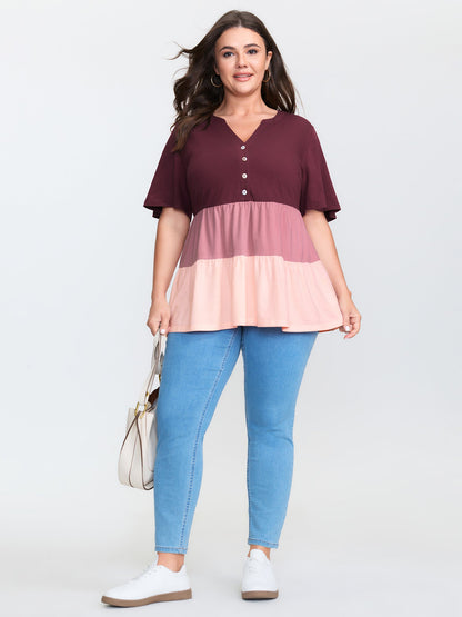 Colorblock Notched Collar Tiered T-Shirt