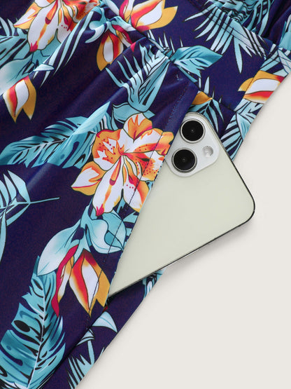 plus size Tropical Flower Print Pockets One-Piece Swimsuit