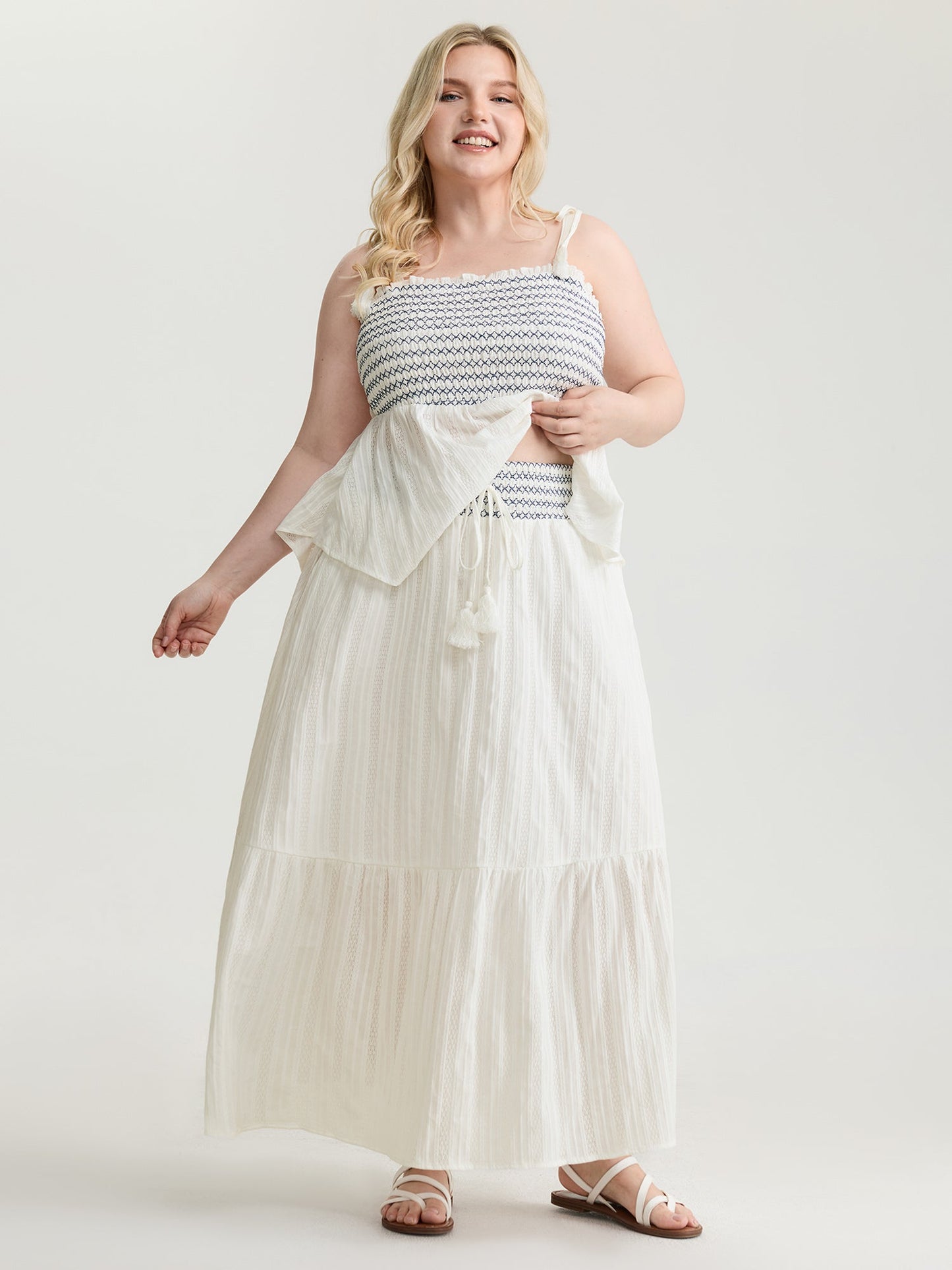 Cotton Shirred Contrast Waist Pockets Maxi Skirt