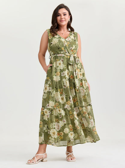 plus size Large Floral Print Waist-Tie Tiered Maxi Dress