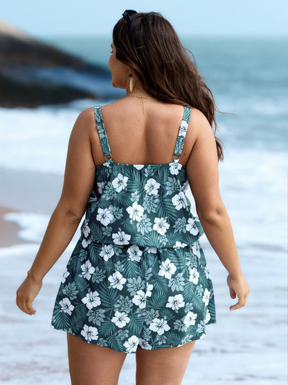 plus size Tropical Flower Print Pockets One-Piece Swimsuit