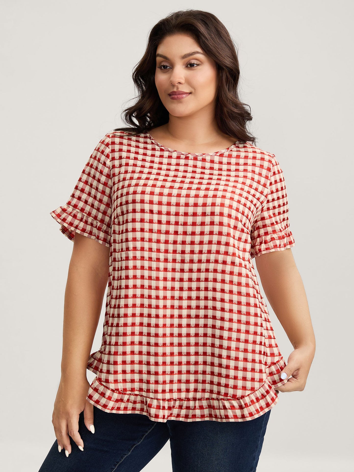 Gingham Print Button Back Blouse
