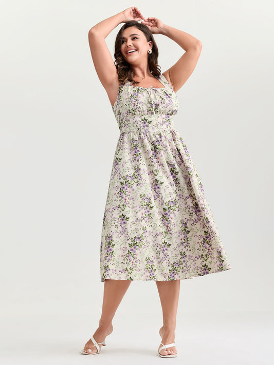 plus size  Floral Print Adjustable Bust-Tie Pockets Midi Dress