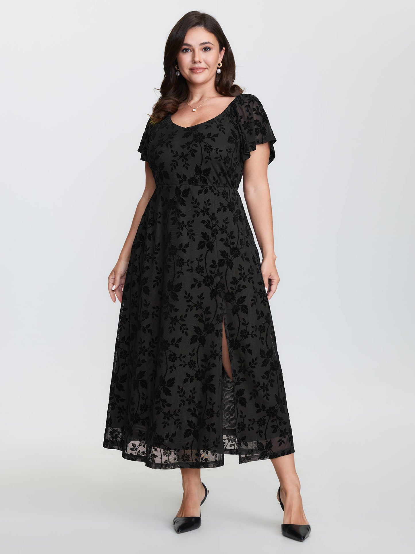 Floral Textured Jacquard Slit Hem Maxi Dress