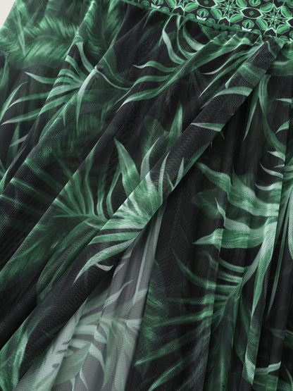 Tropical Plant Print One-Piece Swimsuit Set