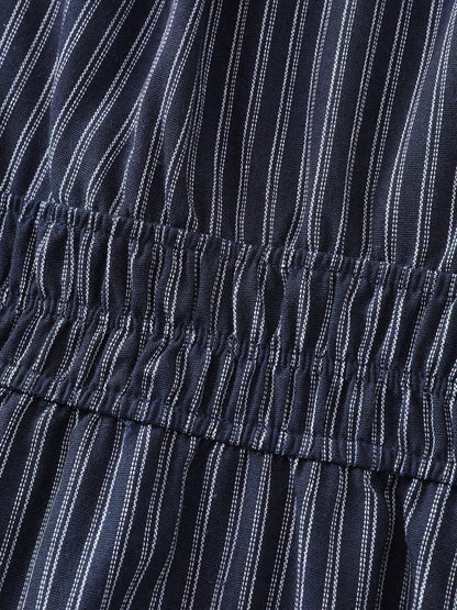 Striped Drawstring Neckline Split Hem Midi Dress