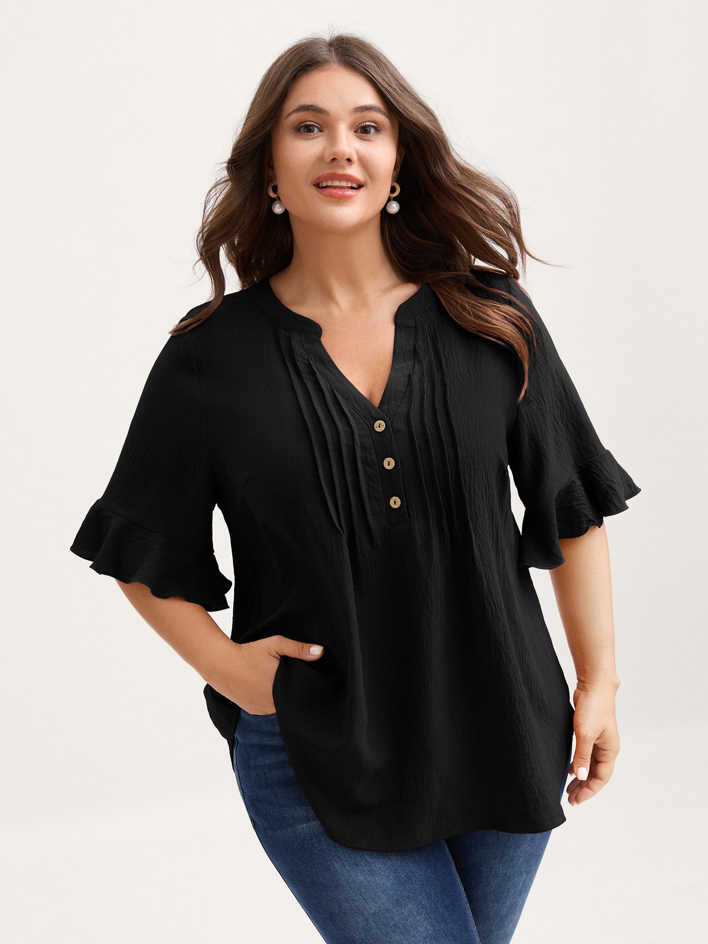 Toothpick Pleats Ruffled Sleeve Solid Blouse