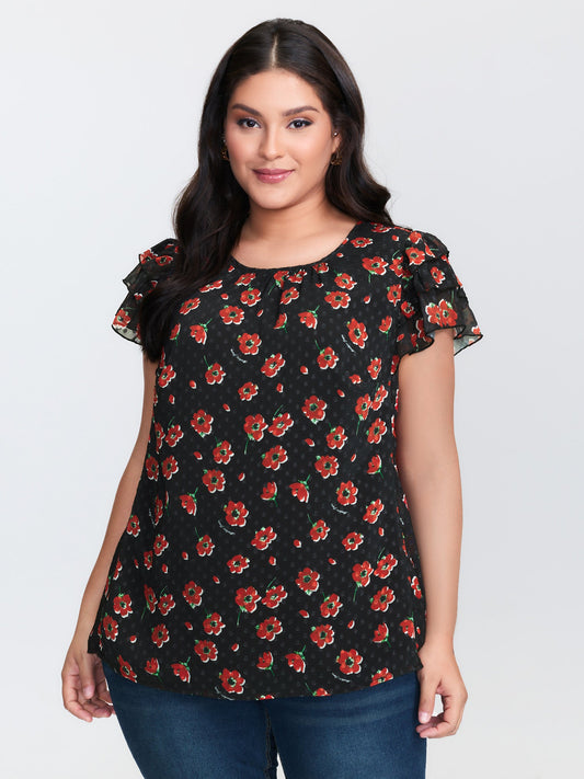 Floral Print Ruffled Sleeve Textured Blouse