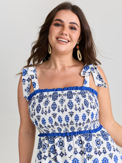 Geometric Boho Print Shoulder-Tie Contrast Maxi Dress