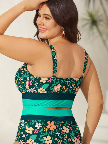 Floral Print Color Contrast Swim Top