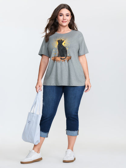 Midnight Cat Print Stretchy T-Shirt
