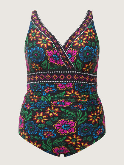Two-Piece Sarong Floral Print One-Piece Swimsuit