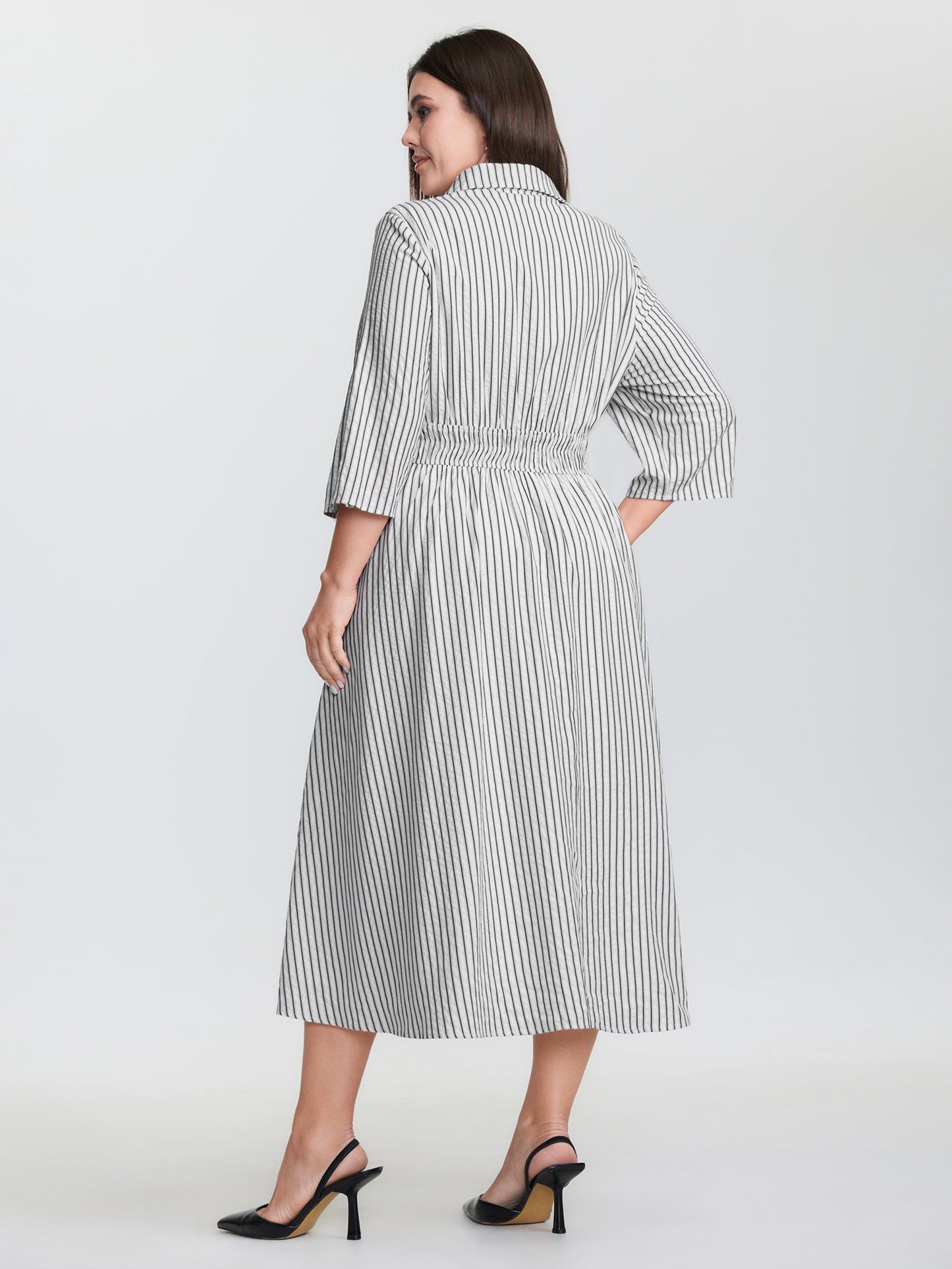 Striped Tab Sleeve Double Belt Midi Shirt Dress