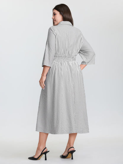 Striped Tab Sleeve Double Belt Midi Shirt Dress