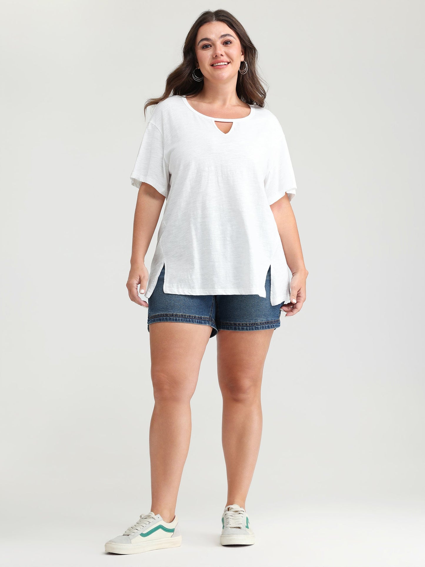 Pure Cotton Keyhole Neckline Flowy T-Shirt
