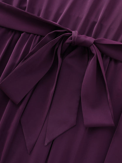 Pleated Neckline Waist-Tie Flowy Midi Dress