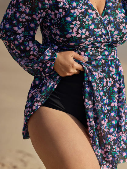 Floral Print Long Sleeve Layered Swim Dress