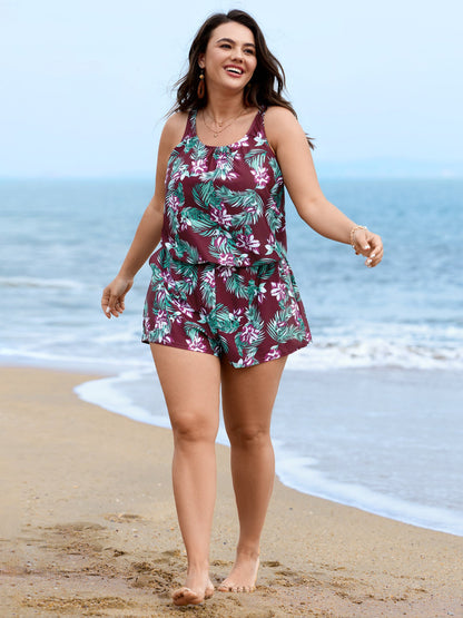 plus size Tropical Flower Print Pockets One-Piece Swimsuit