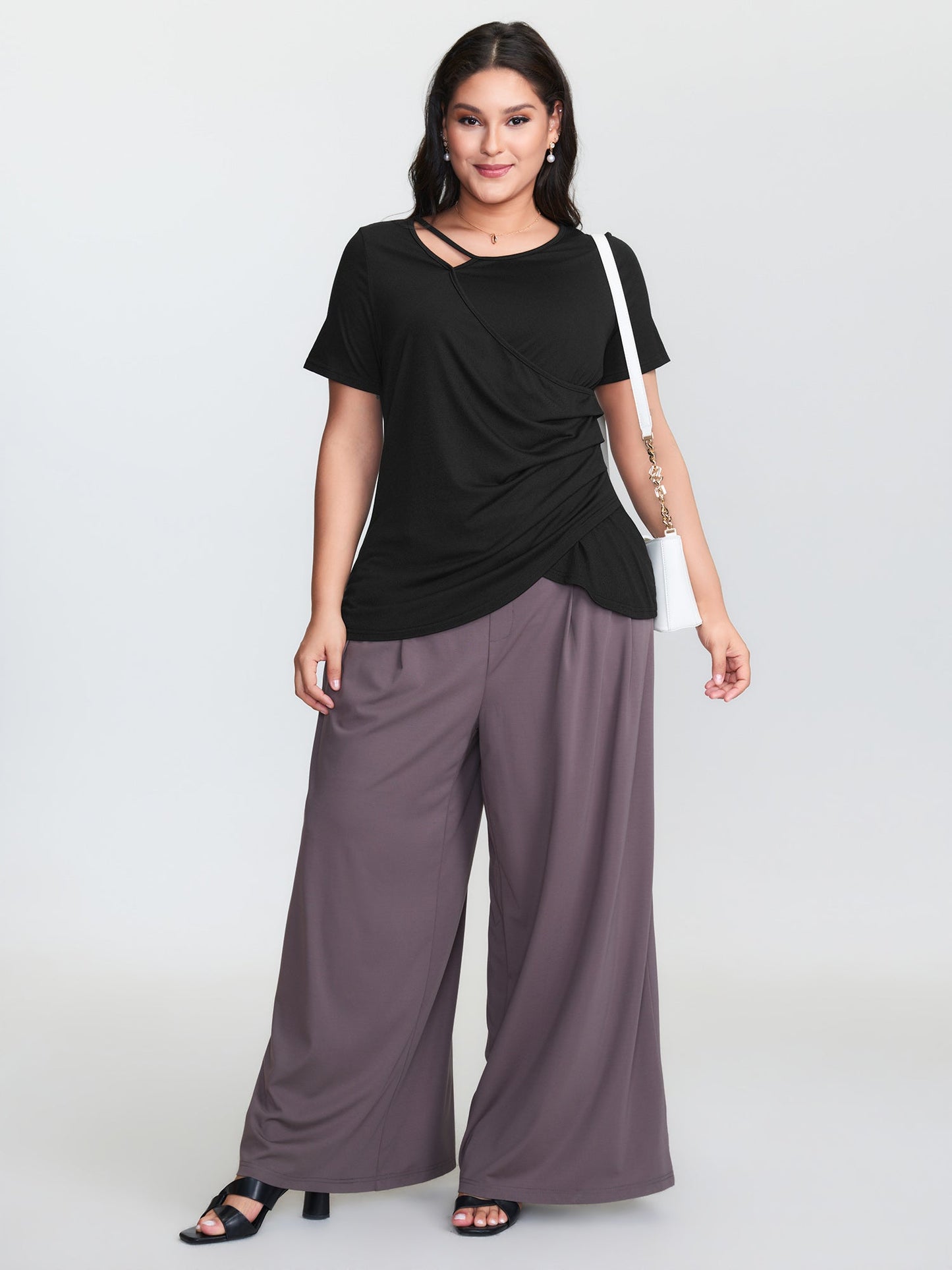 Stretchy Asymmetrical Neckline Slit Knit Top