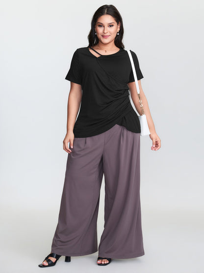Stretchy Asymmetrical Neckline Slit Knit Top