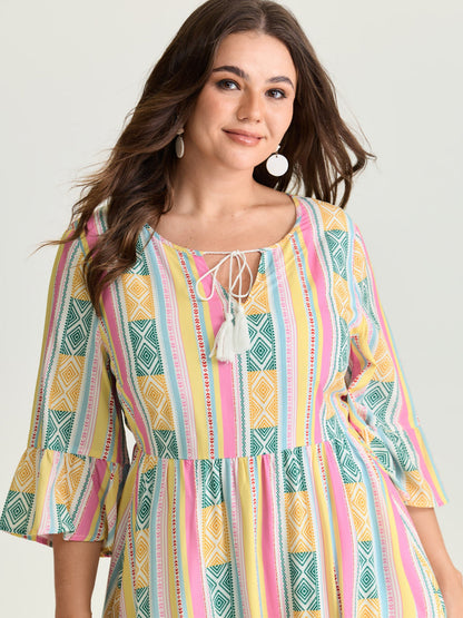 Color Contrast Geometric Print Stretchy Waist Mini Dress