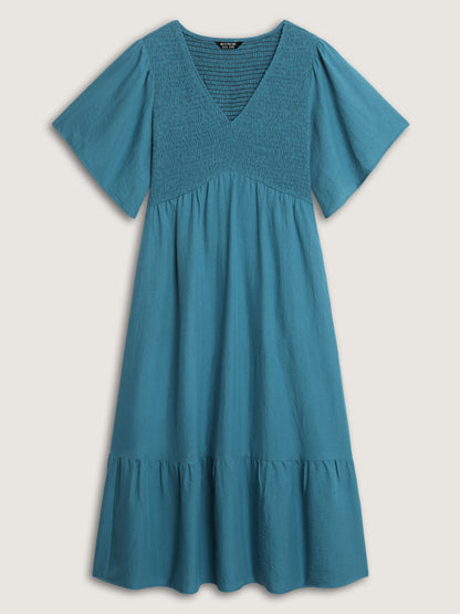 Shirred Bodice Ruffled Hem Midi Dress