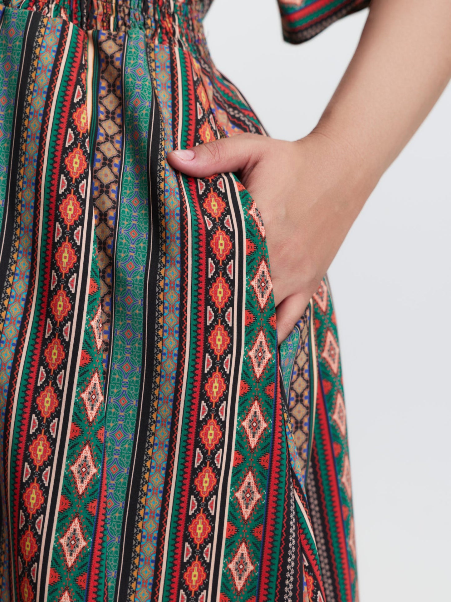 Boho Stripe Print Shirred Waist Midi Dress