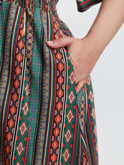 Boho Stripe Print Shirred Waist Midi Dress