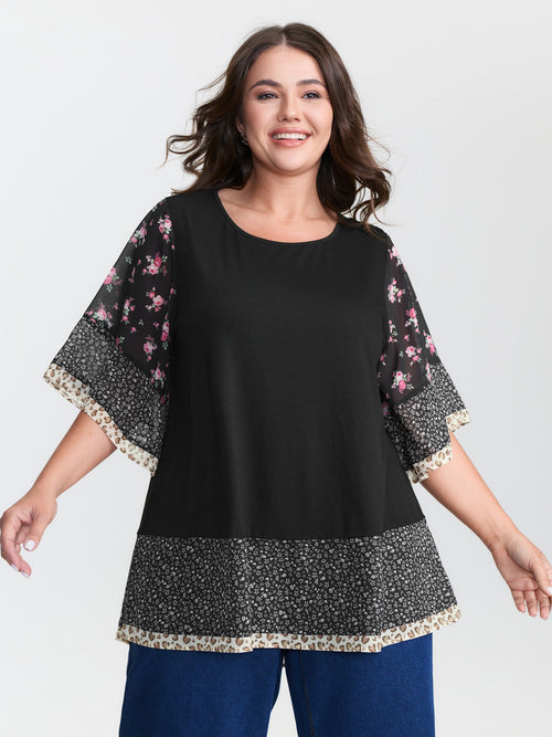 Floral Stretchy Flared Sleeve T-Shirt