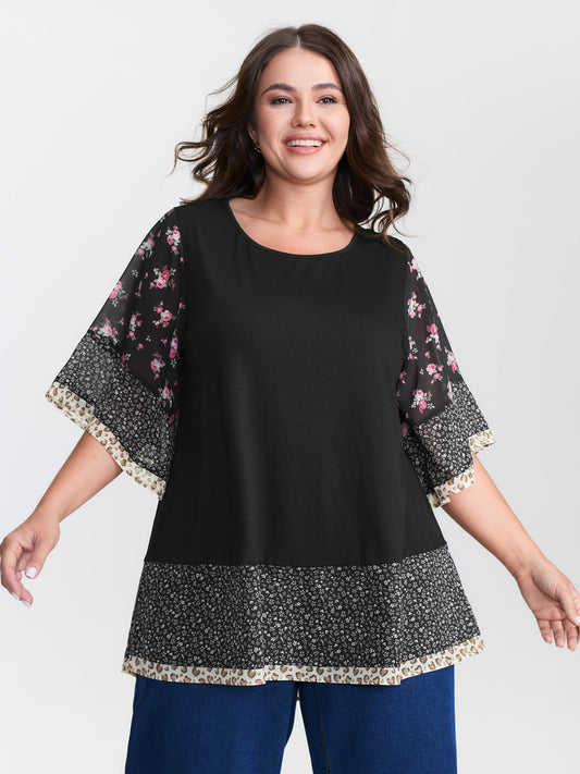 Floral Stretchy Flared Sleeve T-Shirt