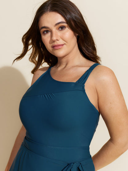 Asymmetrical High Neckline Knotted Swim Dress