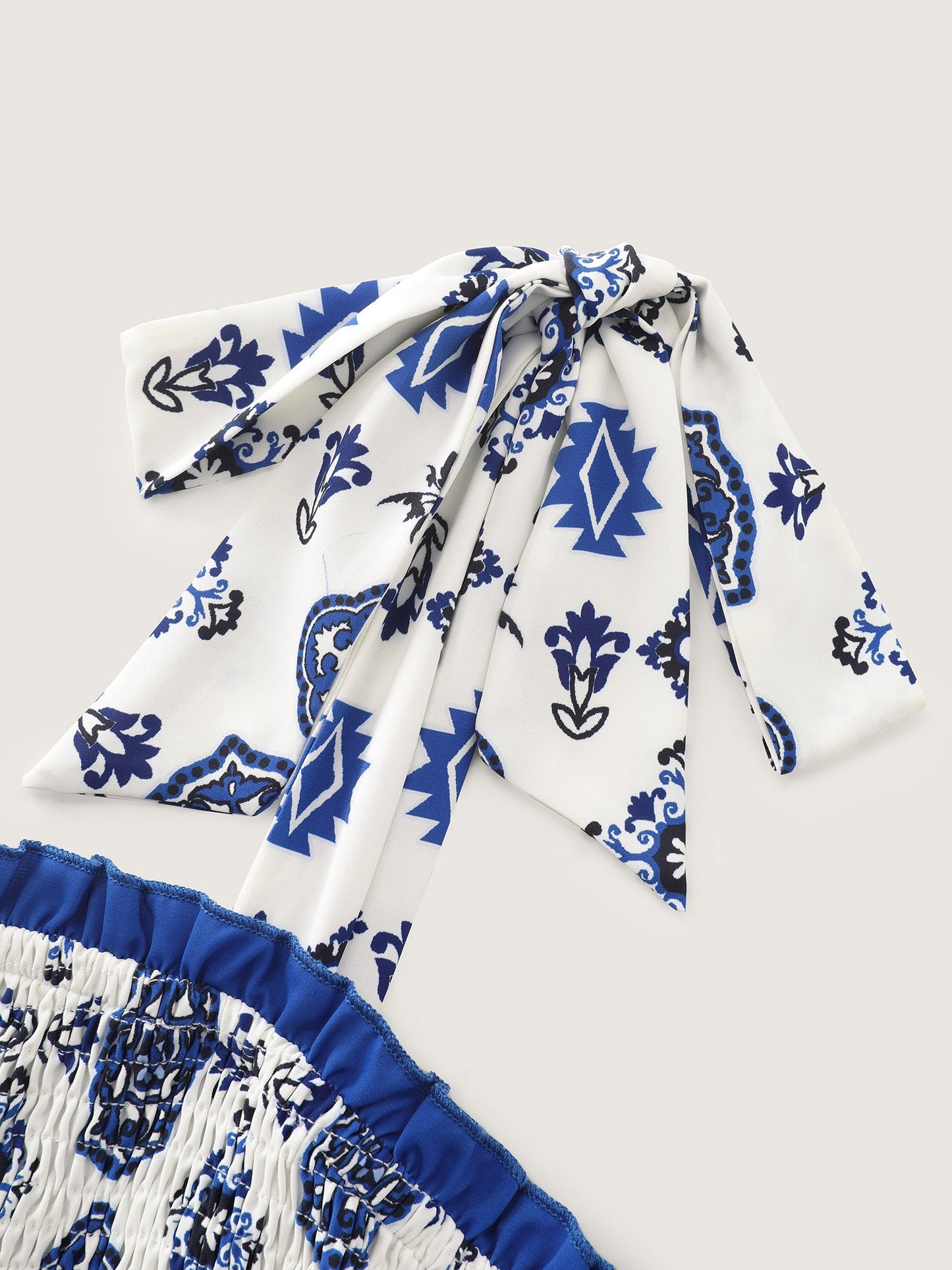 Geometric Boho Print Shoulder-Tie Contrast Maxi Dress