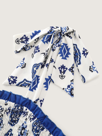 Geometric Boho Print Shoulder-Tie Contrast Maxi Dress