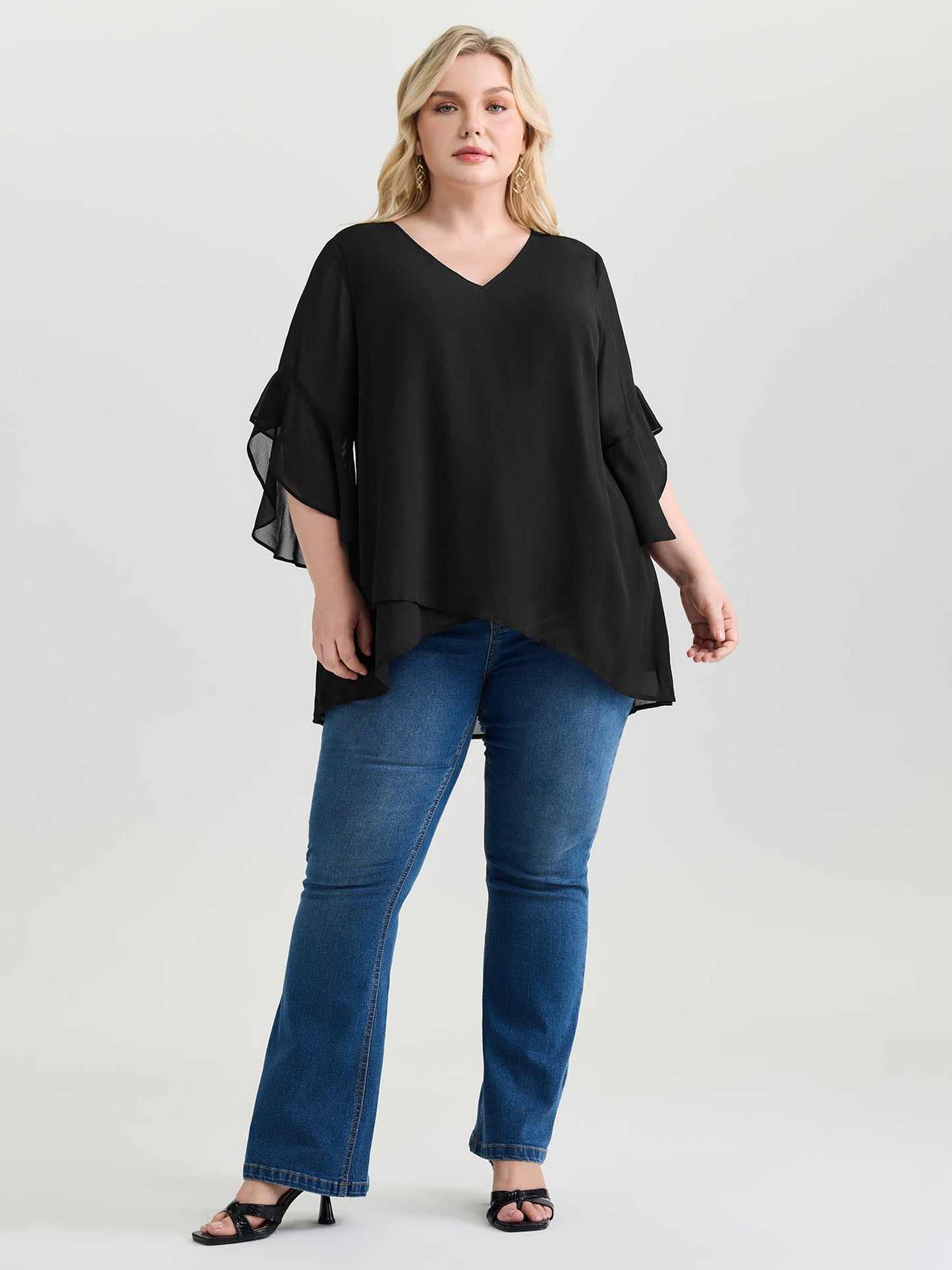 Sheer Flowy Ruffled Sleeve Plain Blouse