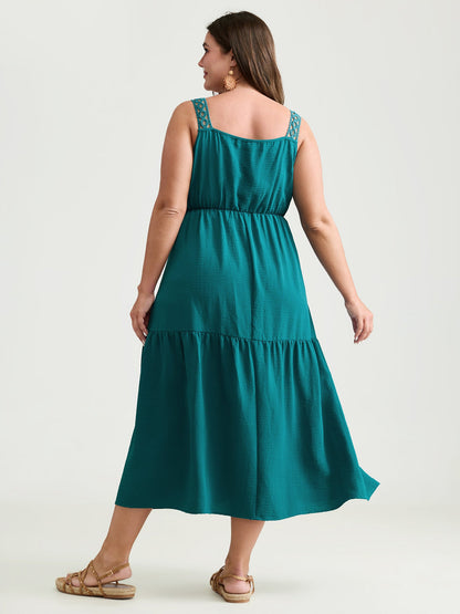 Floral Lace Textured Neckline Wide Strap Midi Dress