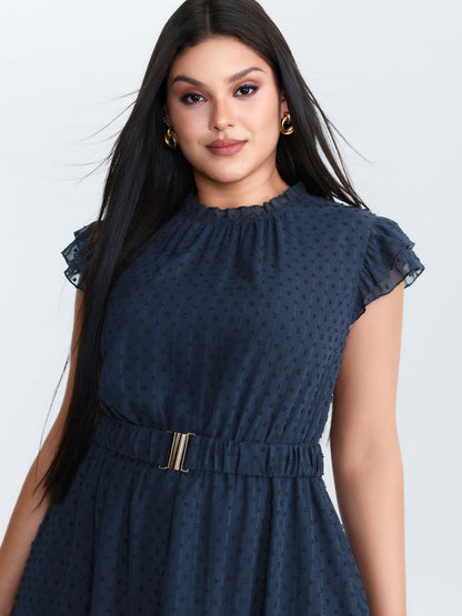 Textured Sheer Ruffled Mock Neckline Midi Dress