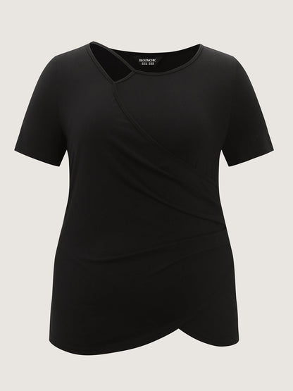 Stretchy Asymmetrical Neckline Slit Knit Top