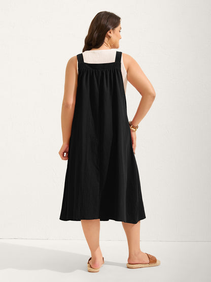 plus size Pure Cotton Pleated Pockets Midi Dress