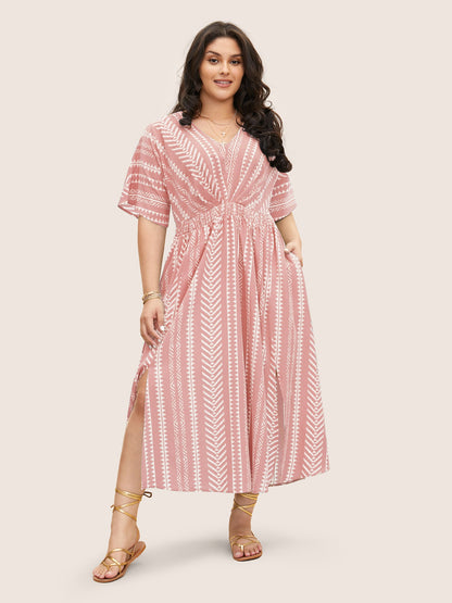 plus size Solid Geometric Dolman Sleeve Pocket Shirred Split Hem Dress