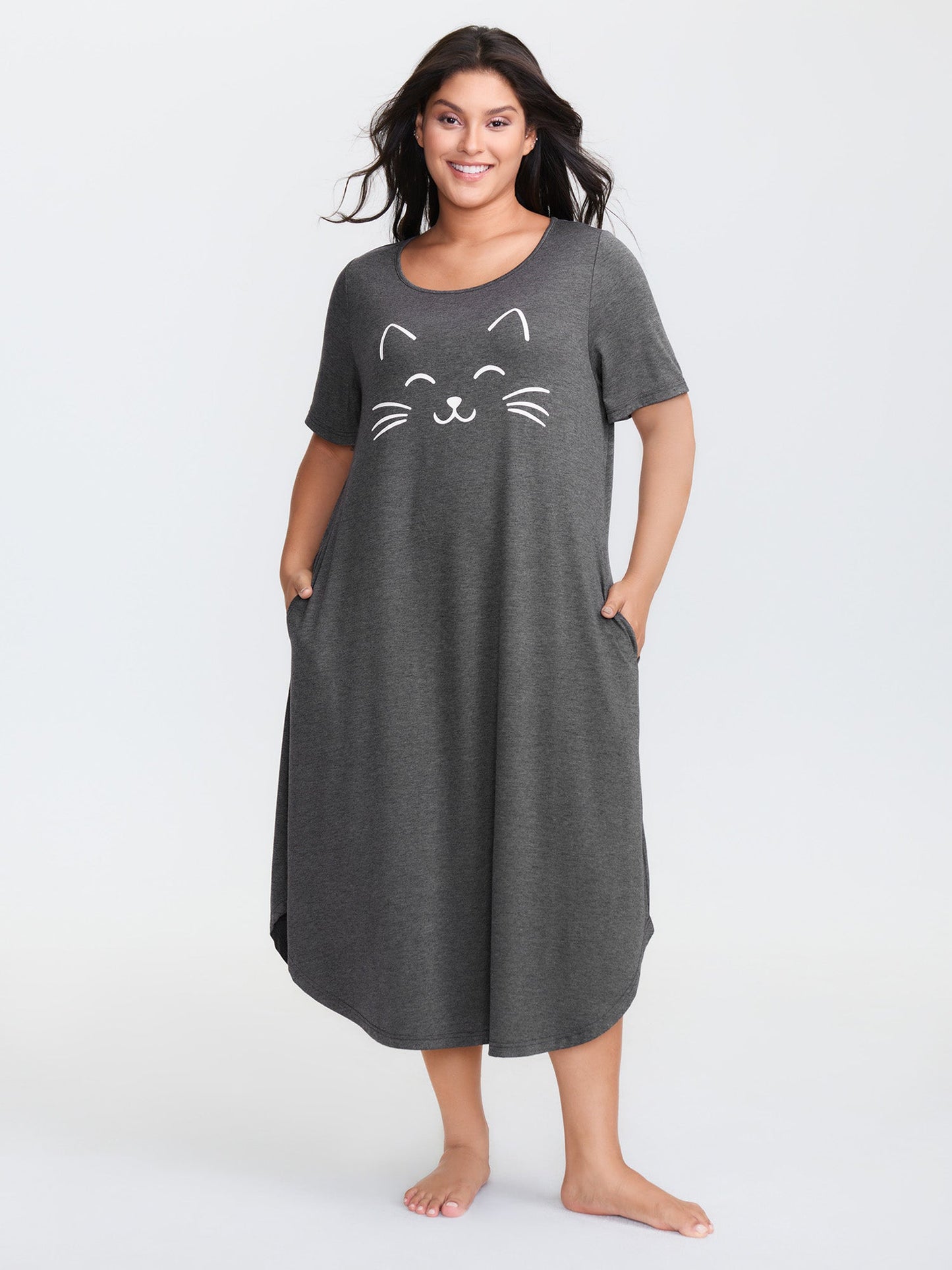 Happy Cat Print Stretchy Contrast Nightgown