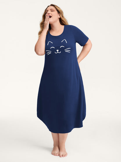 Happy Cat Print Stretchy Contrast Nightgown