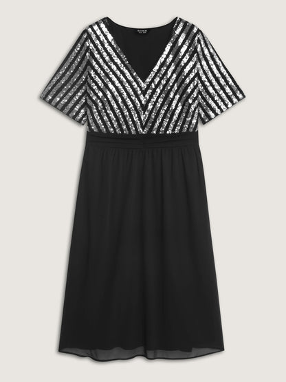 Striped Sequin V-Neck Contrast Midi Dress