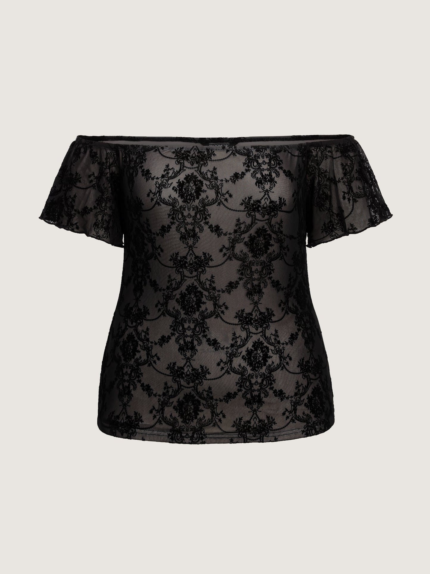 Flocked Floral Off-Shoulder T-Shirt