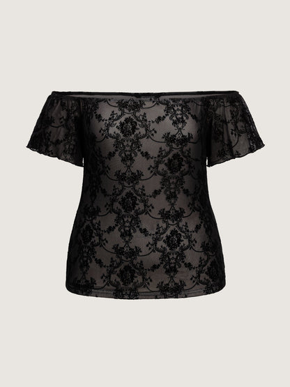 Flocked Floral Off-Shoulder T-Shirt