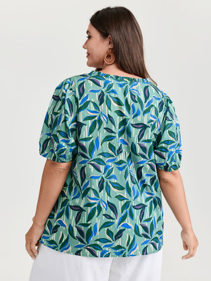 Cotton Tropical Leaf Print Irregular Sleeve Blouse