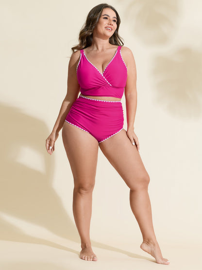 Color Contrast Embroidered Pleated Swim Bottoms